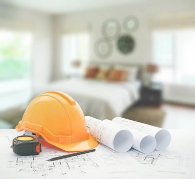 kask ve araçları üzerinde modern yatak odası iç mimari planı