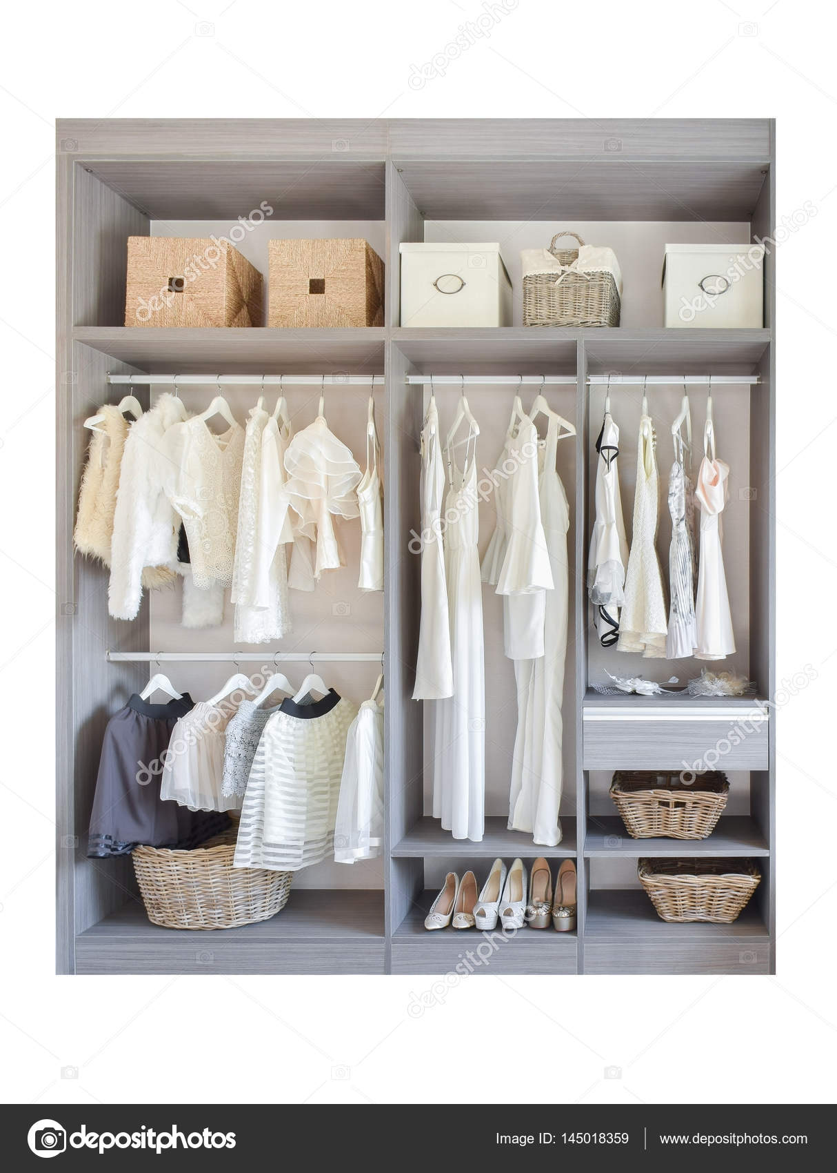 Vintage And Stylish Interior Of Wooden Wardrobe Isolated