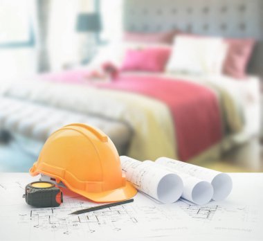 kask ve araçları üzerinde kırmızı düzeni renkli dekorasyon yatak odası ile mimari planı