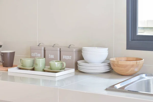 Modern pantry with white utensil in kitchen — Stock Photo, Image