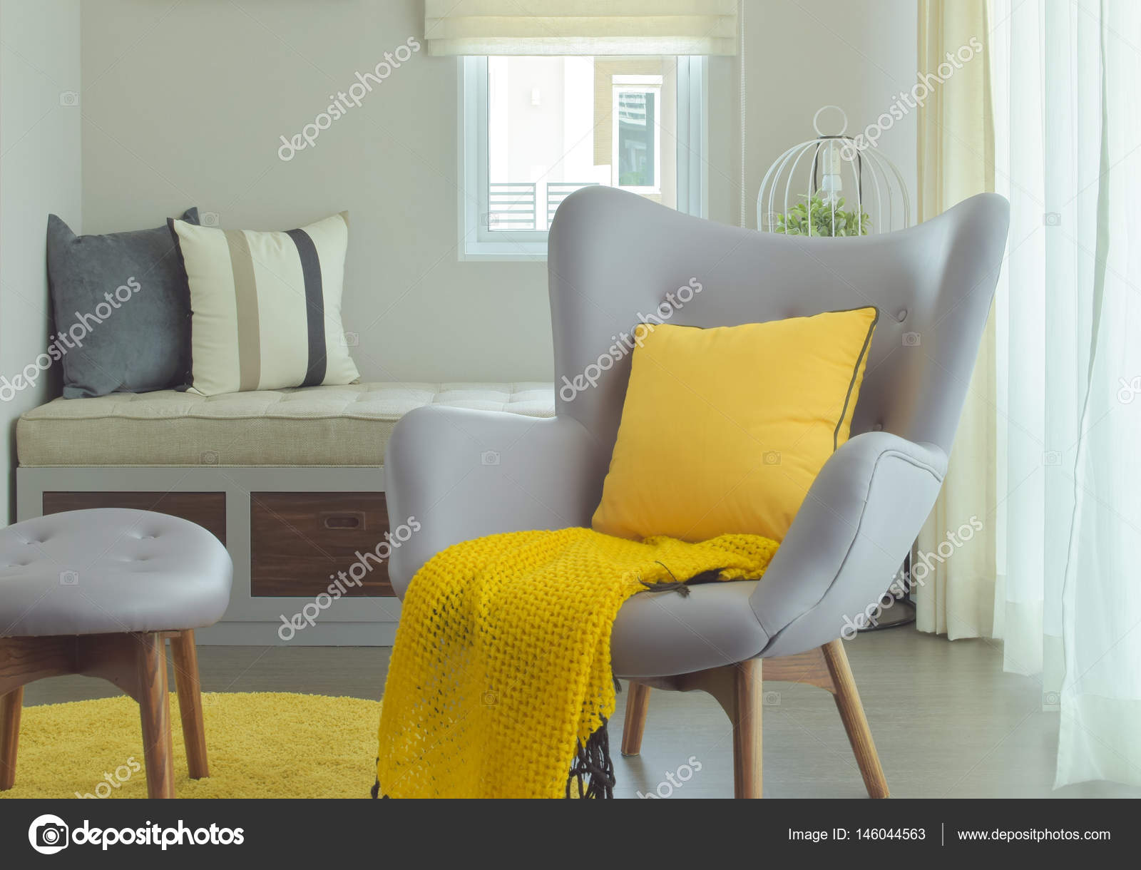 Armchair And Yellow Pillow Scarf In Modern Style Living Corner Armchair And Yellow Pillow Scarf In Modern Style Living Corner Stock Image