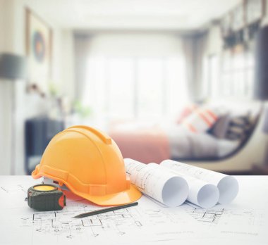 kask ve araçları üzerinde modern yatak odası iç mimari planı