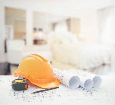 kask ve araçları üzerinde modern yatak odası iç mimari planı
