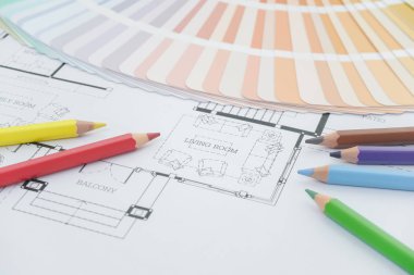 renkleri ve modern evin mimari çizimler üzerinde malzeme örnekleri