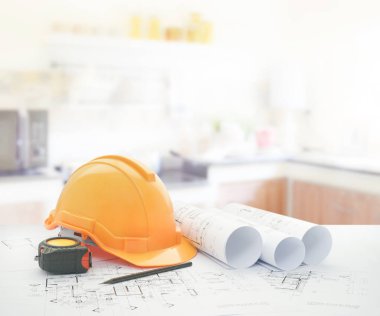 kask ve araçları üzerinde modern mutfak iç mimari planı