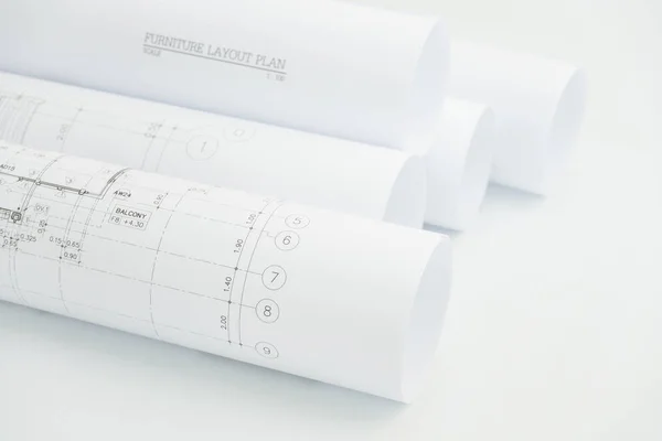 Architectural drawing paper rolls of a dwelling for construction — Stock Photo, Image