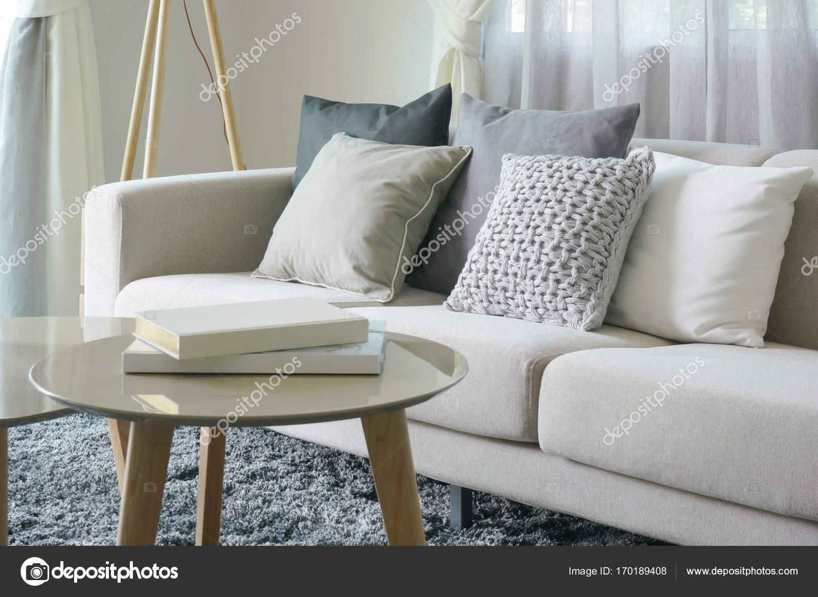 Earth tone style sofa and pillows with round center table in the Stock