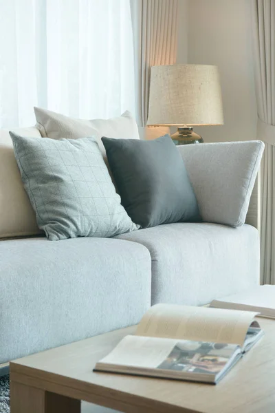 Sofá esquema de color gris y almohadas en la sala de estar de estilo moderno — Foto de Stock