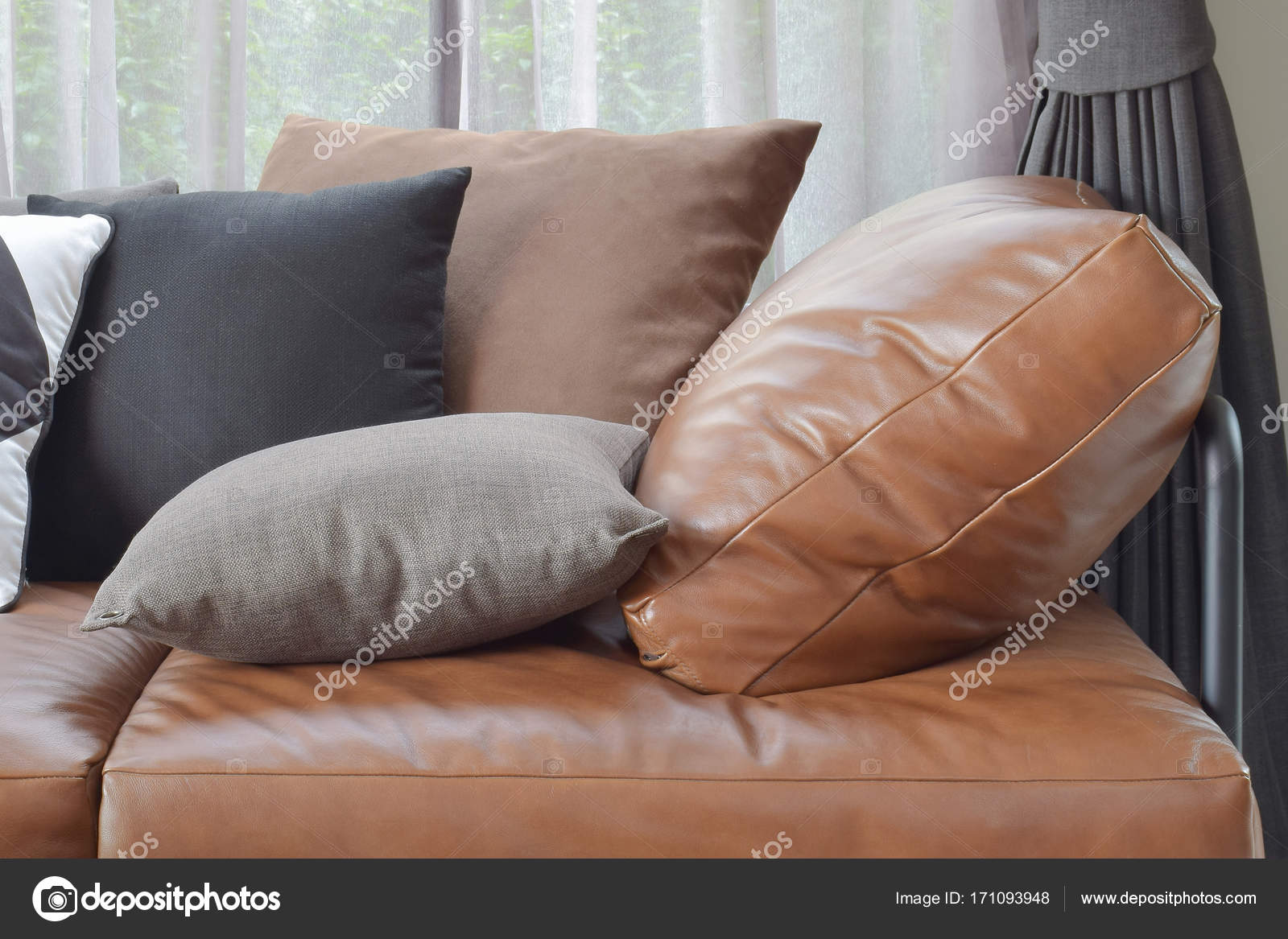 Brown Leather Sofa With Grey Pillows Baci Living Room