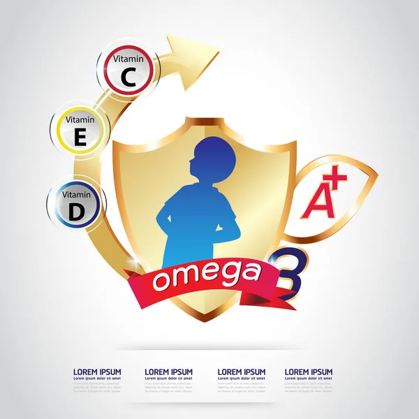 Niños Omega 3 Concepto vitamínico — Vector de stock