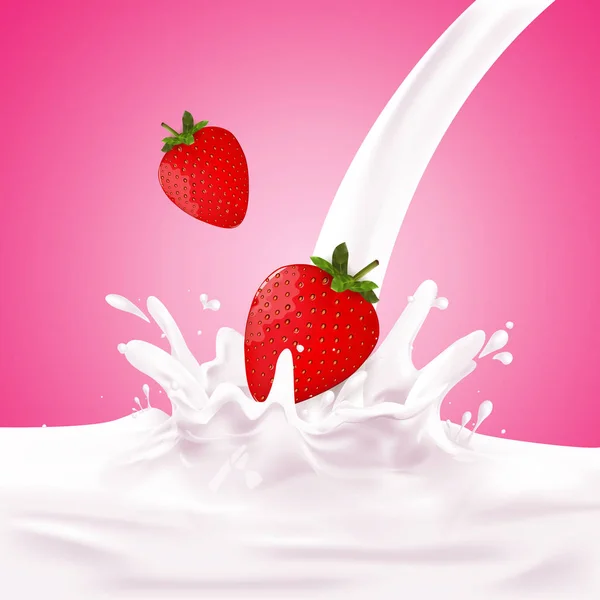 Süt sıçrama içinde kırmızı çilek — Stok Vektör
