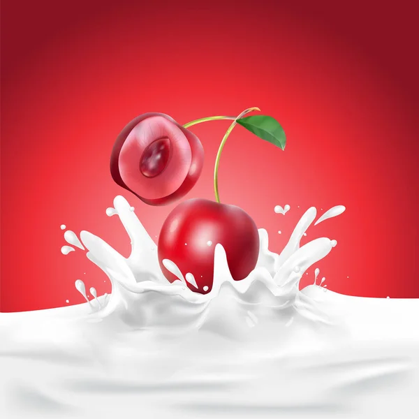 Třešně a višně v mléčné splash — Stockový vektor