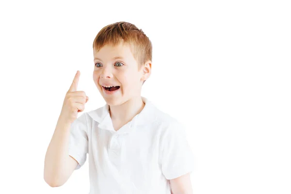 Little boy stand on white background and show his emotions — Stock Photo, Image