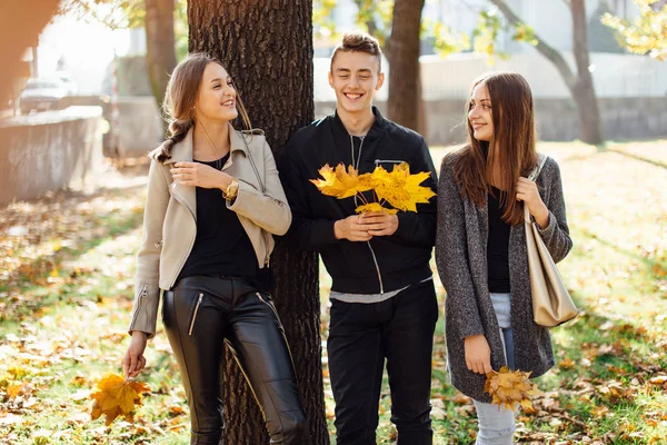 Tre amici camminano per strada — Foto Stock