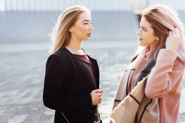 Två tjejer att prata med varandra och skratta, höst kläder — Stockfoto