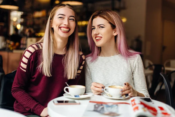 Två flickor kött på kaffe placera och prata med varandra, göra conv — Stockfoto
