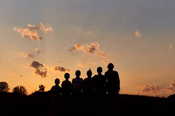 Sei bambini in piedi sul campo con cielo di sfondo tramonto — Foto Stock