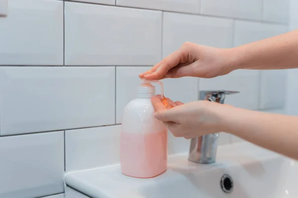 Woman Wash Her Hands Soap Privent Infection Coronavirus Covid — Stock Photo, Image