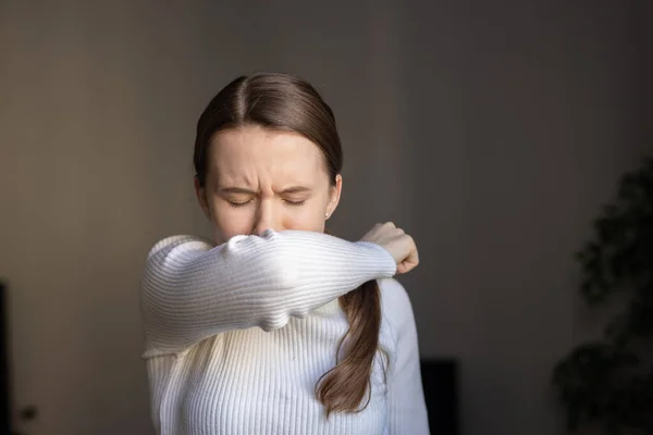 Cough Tissue Covering Nose Mouth Coughing European Woman Sick Flu — Stock Photo, Image