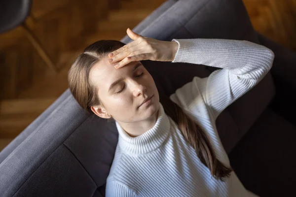 Sick Girl Home Headache Feeling Faint Vertigo Holding Head Pain — Stock Photo, Image