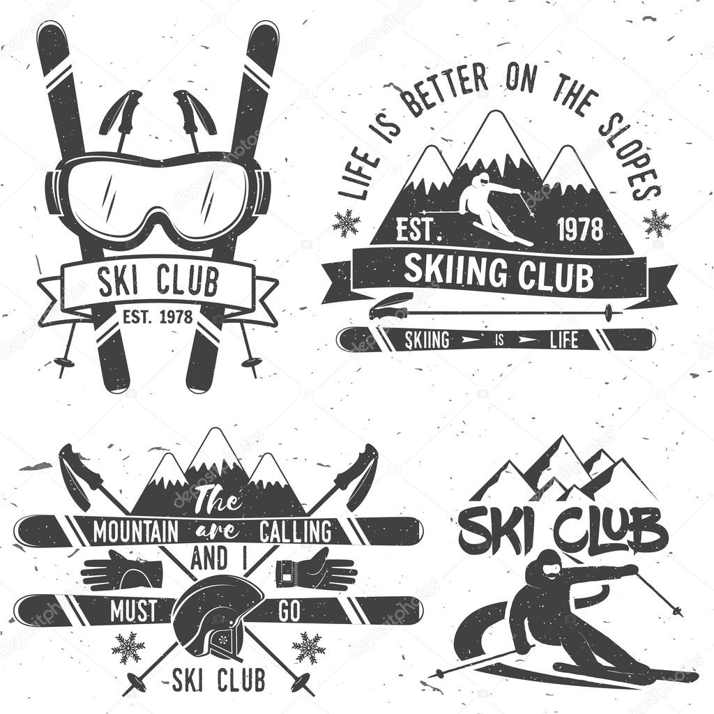 Ski club concept. Vector ski club retro badge. Concept for shirt, print, seal or stamp. Mountains are calling and i must go slogan. Typography design- stock vector. Family vacation, activity or travel