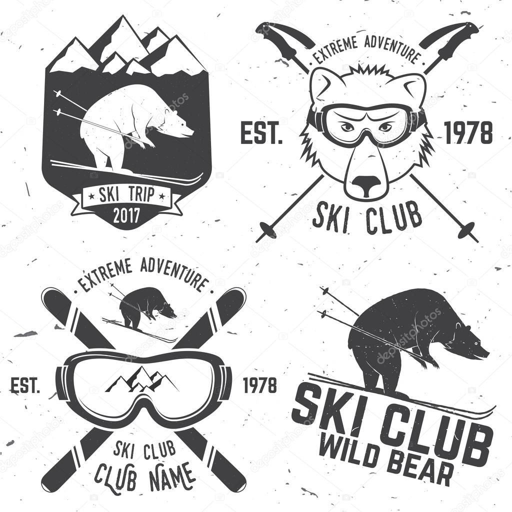 Ski club concept. Vector ski club retro badge. Concept for shirt, print, seal or stamp. Skis, mountain, bear and goggles. Typography design- stock vector. Family vacation, activity or travel. For logo