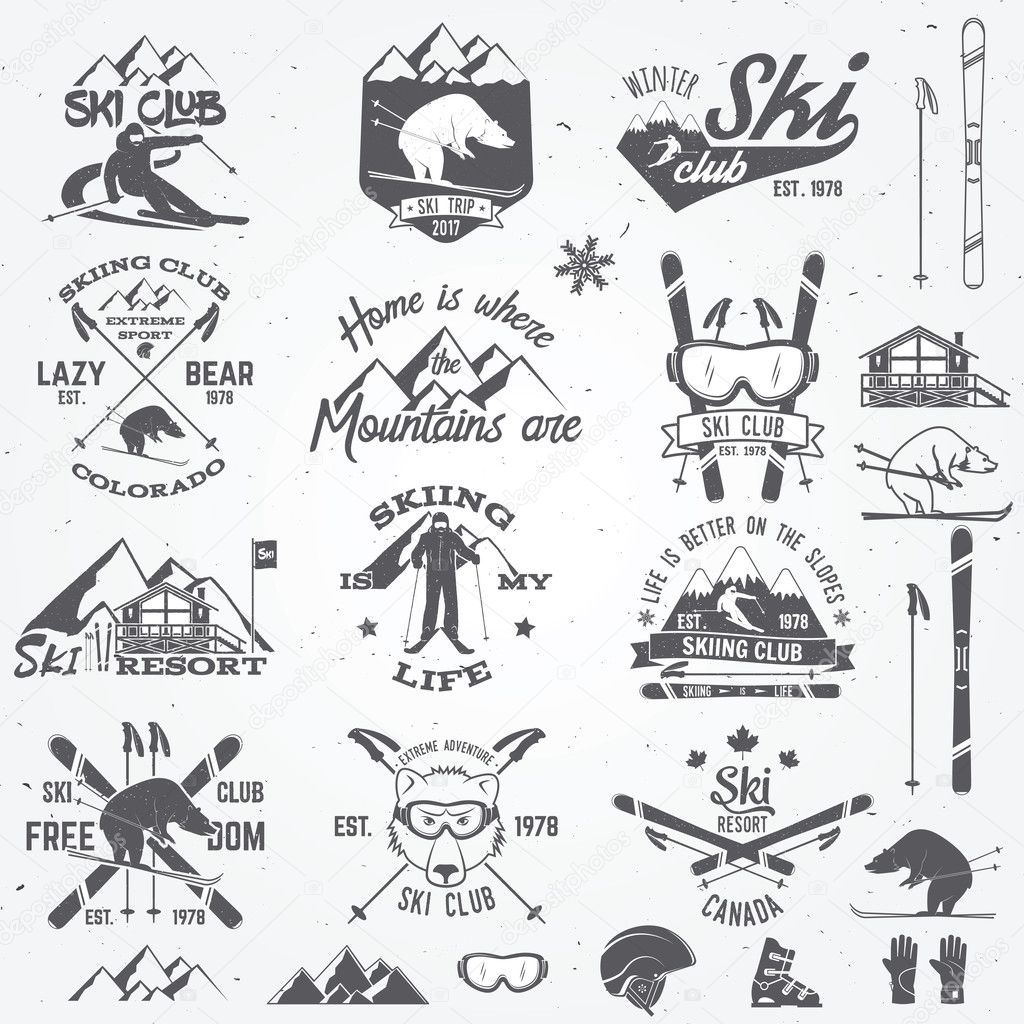 Ski club design. Vector illustration. Vector ski club retro badge. Concept for shirt, print, seal or stamp. Ski club typography design- stock vector. Family vacation, activity or travel.