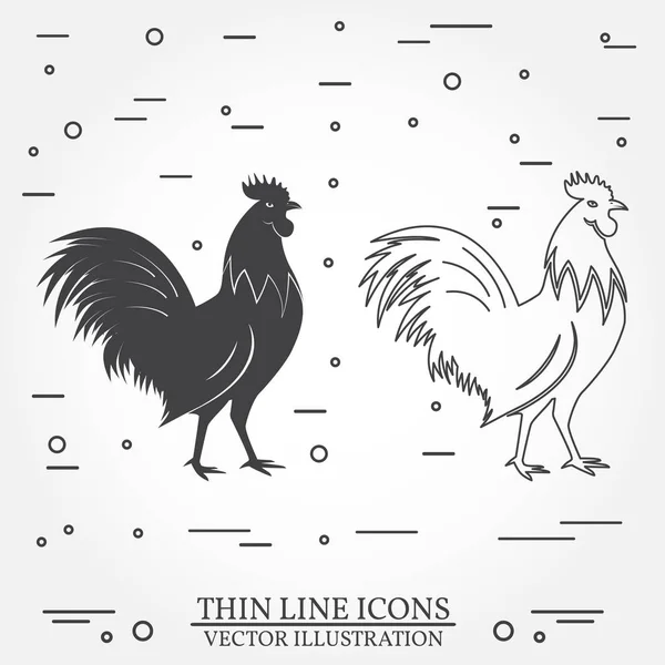 Set di silhouette di gallo e icone linea sottile . — Vettoriale Stock