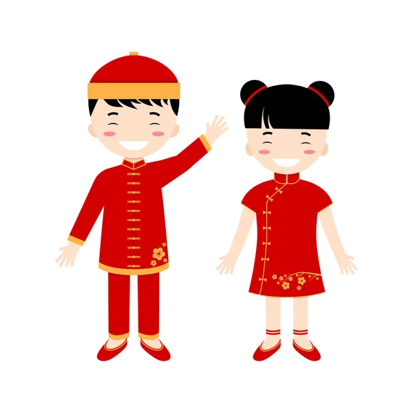 Bambini cinesi - ragazzo e ragazza isolati sullo sfondo bianco . — Vettoriale Stock