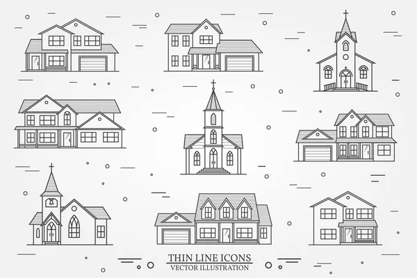 Verzameling van vector dunne lijn pictogram suburban Amerikaanse huizen. Voor web — Stockvector