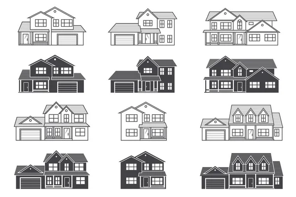 Conjunto de vetor linha fina ícone suburbano casas americanas. Para web —  Vetores de Stock