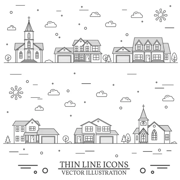 Sąsiedztwo domów i kościołów ilustrowany na białym. — Wektor stockowy