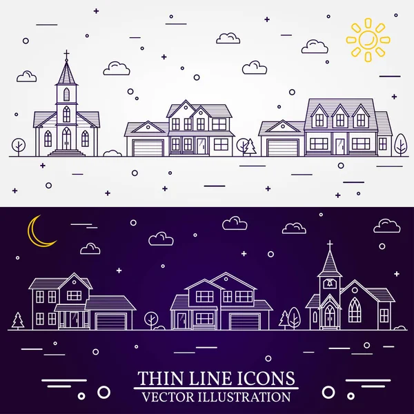 Neighborhood with homes illustrated white and purple background. — Stock Vector