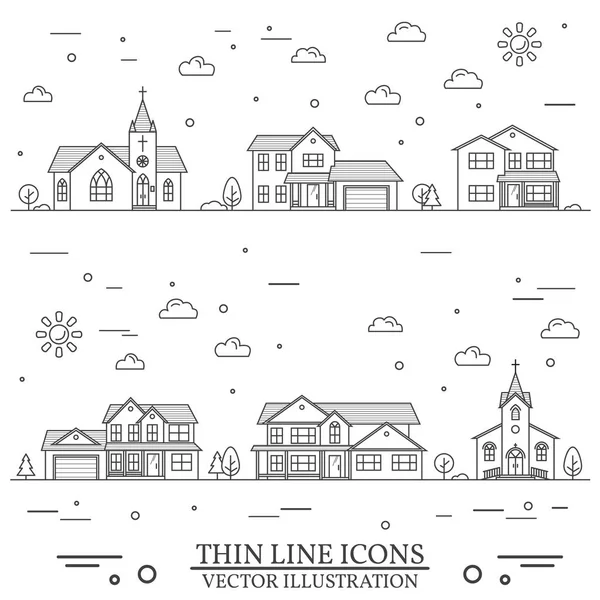Neighborhood with homes and churches illustrated on white. — Stock Illustration Neighborhood with homes and churches illustrated on white. Vector Graphics