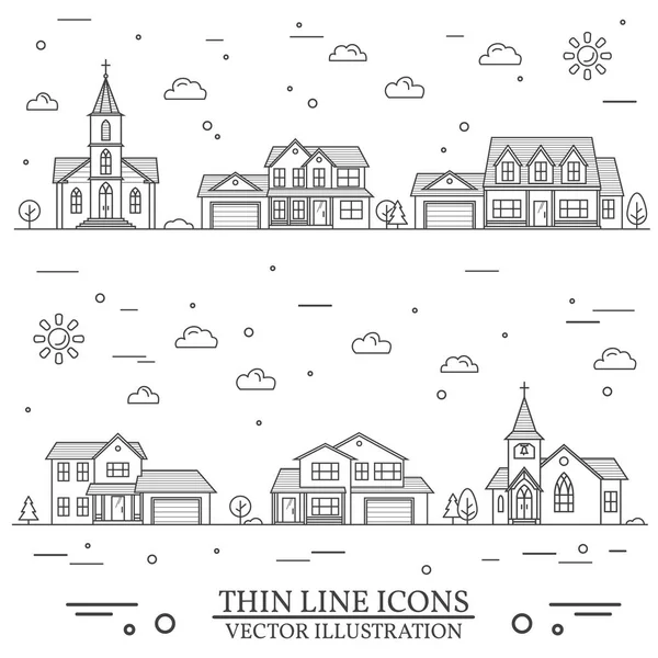 Neighborhood with homes and churches illustrated on white. — Stock Illustration Neighborhood with homes and churches illustrated on white. Stock Vector