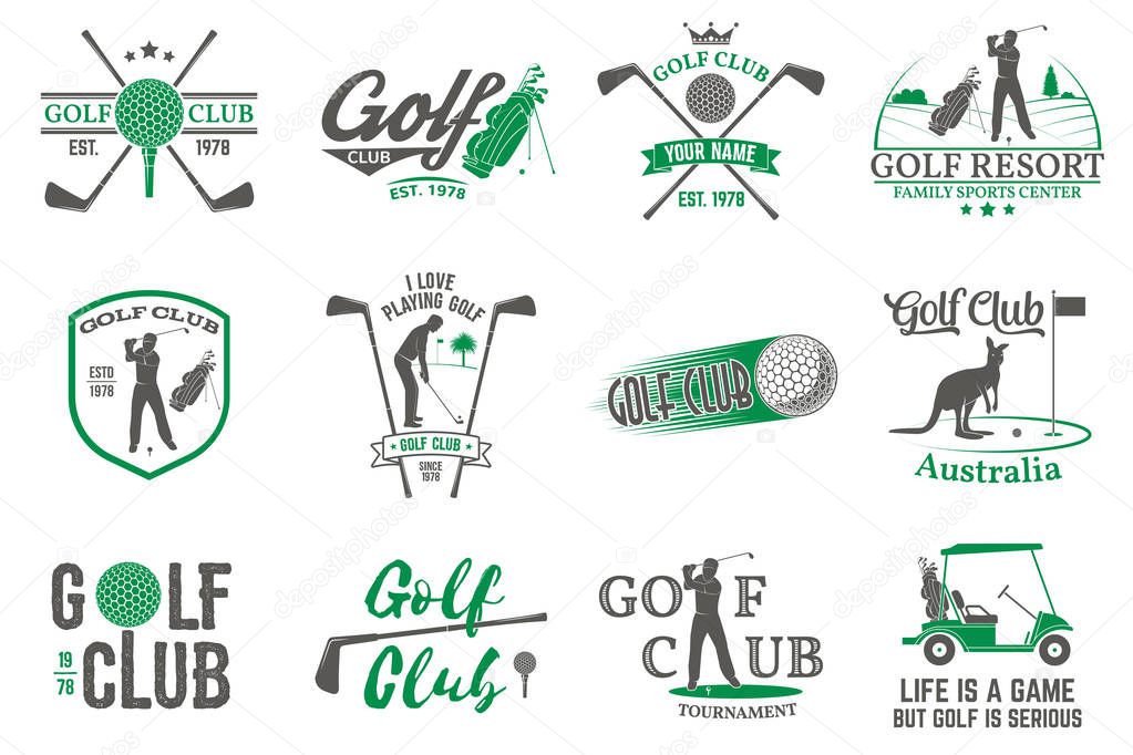 Set of Golf club concept with golfer silhouette. Vector golfing club retro badge. Concept for shirt, print, seal or stamp. Typography design.