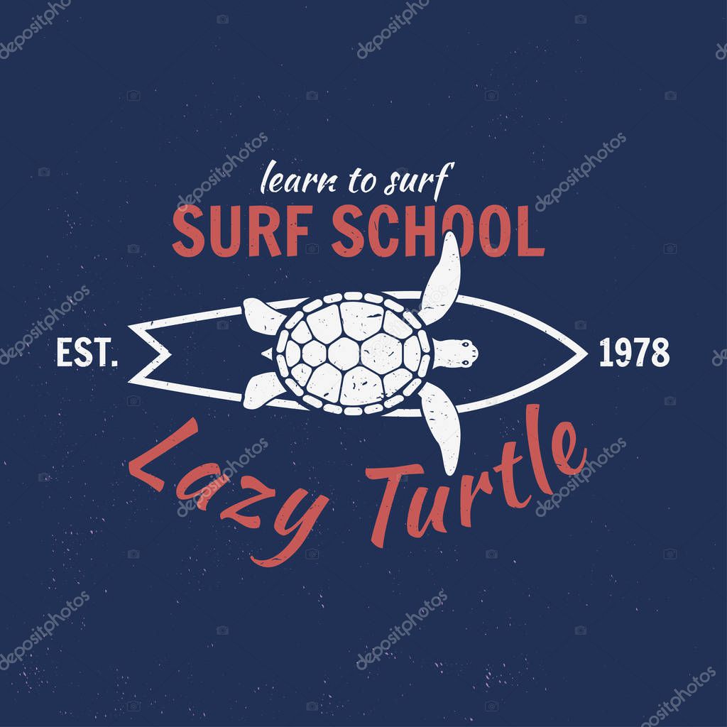 Vector Summer surfing retro badge. Surfing concept for shirt or logo, print, stamp, tee. Board, lazy turtle, hawaii