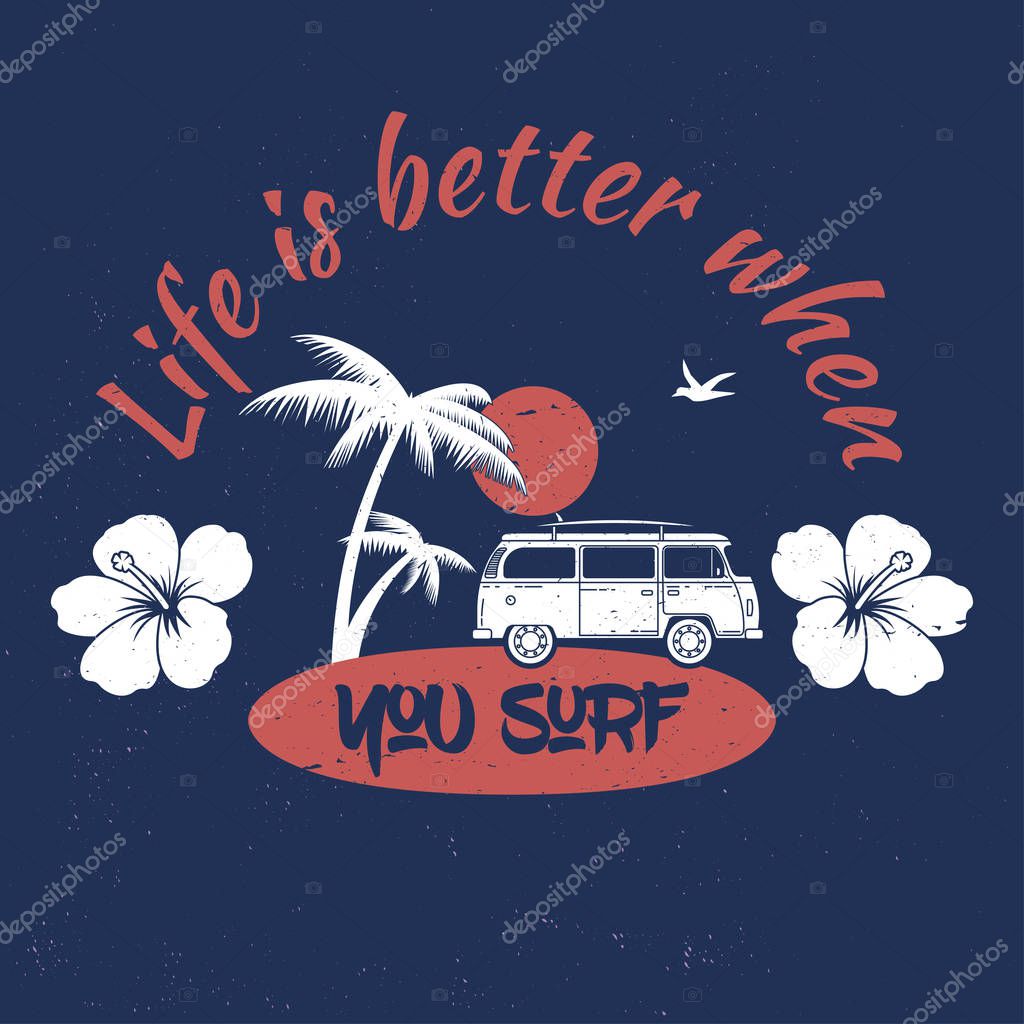 Vector Summer surfing retro badge. Surfing concept for shirt or logo, print, stamp, tee. Board, lazy turtle, hawaii