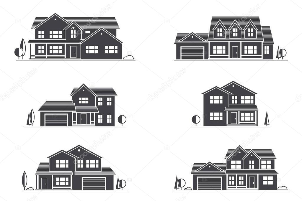 Vector silhouette suburban american house. For web design and application interface, also useful for infographics. Family house icon isolated on white background.