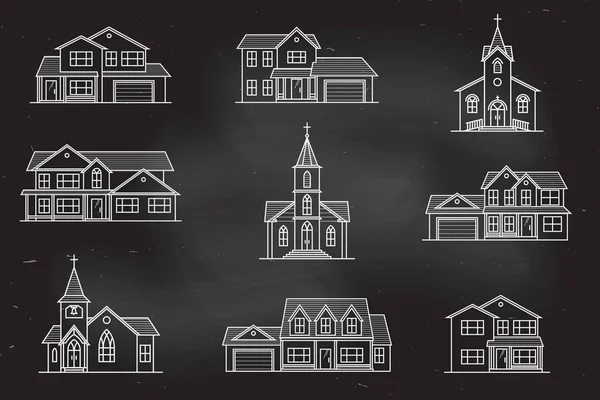 Набор векторных тонких линий иконок пригородных американских домов . — стоковый вектор
