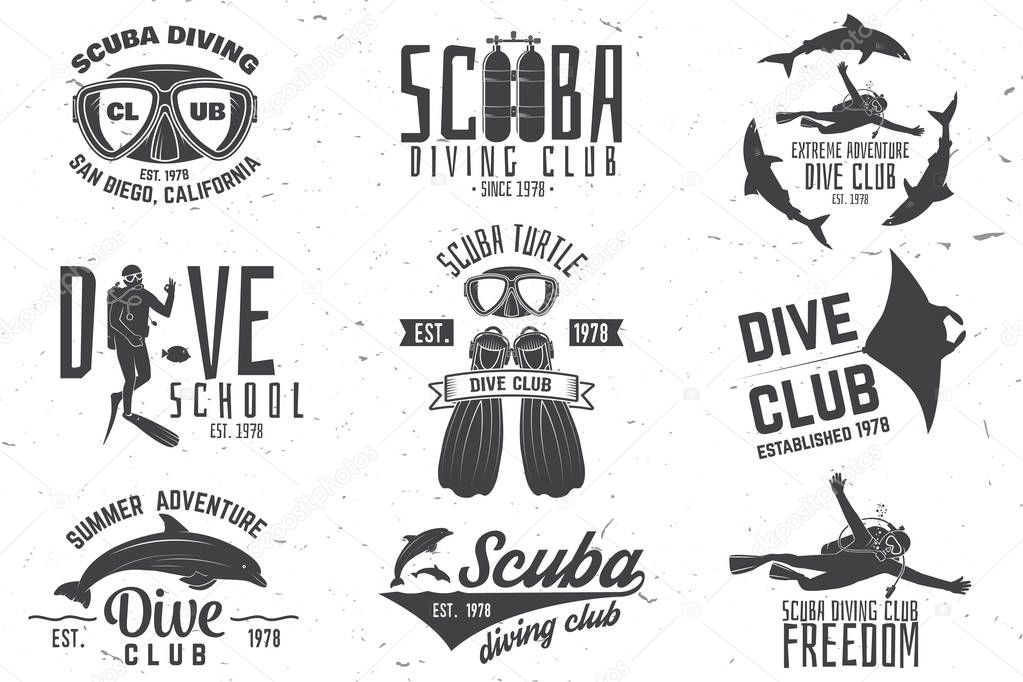 Set of Scuba diving club and diving school design. Vector illustration. Concept for shirt or logo, print, stamp or tee. Vintage typography design with diving gear silhouette.
