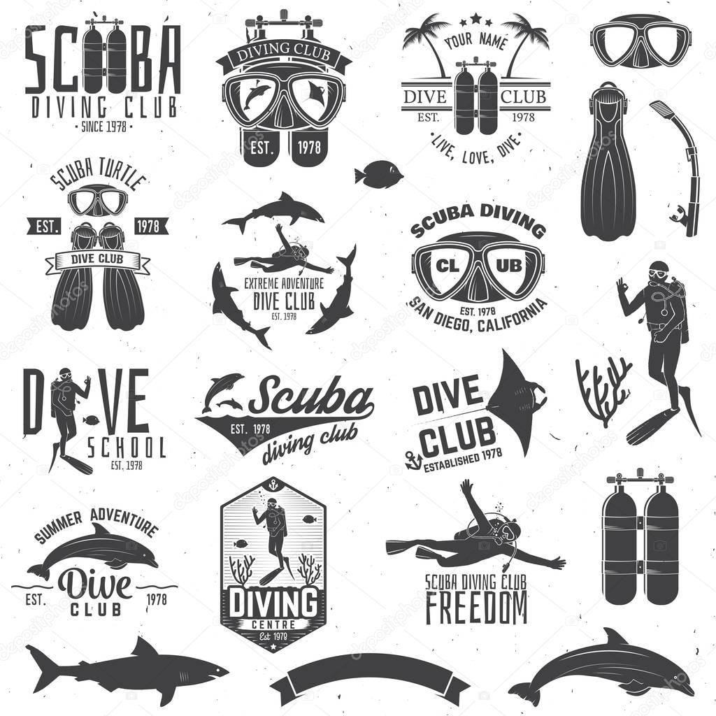 Set of Scuba diving club and diving school badges with design elements. Vector illustration. Concept for shirt or logo, print, stamp or tee. Vintage typography design with diving gear silhouette.