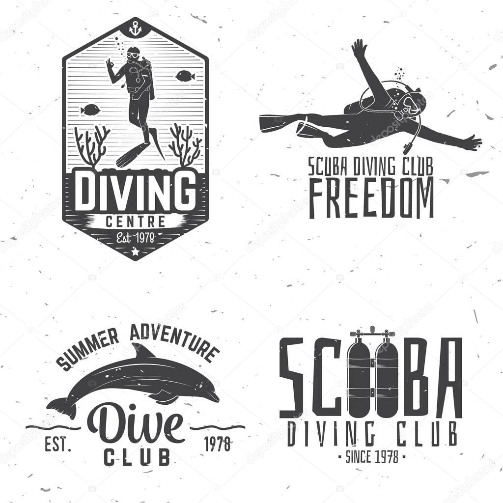 Set of Scuba diving club and diving school design. Vector illustration. Concept for shirt or logo, print, stamp or tee. Vintage typography design with diving gear silhouette.