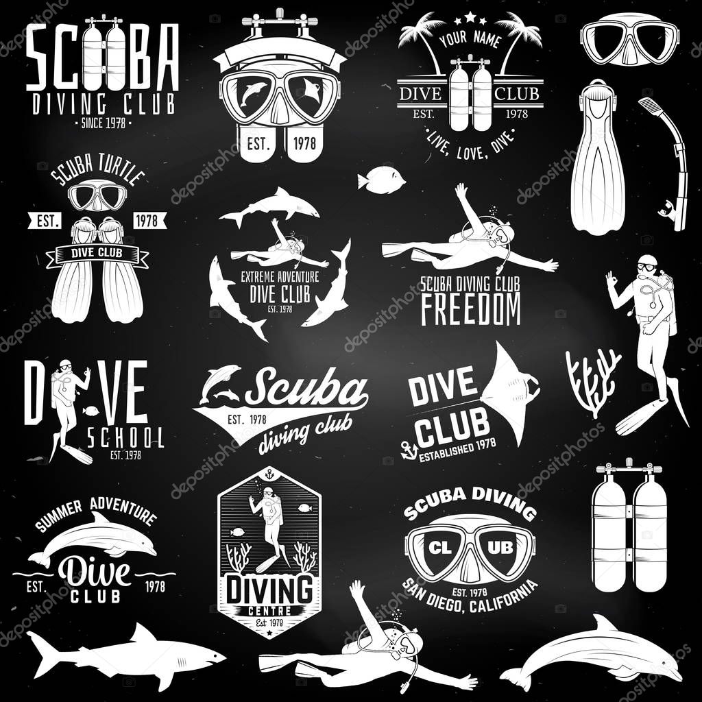 Set of Scuba diving club and diving school badges with design elements on the chalkboard. Vector illustration. Vintage typography design with diving gear silhouette.