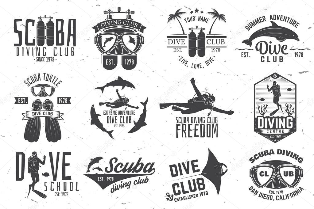 Set of Scuba diving club and diving school design. Vector illustration. Concept for shirt or logo, print, stamp or tee. Vintage typography design with diving gear silhouette.