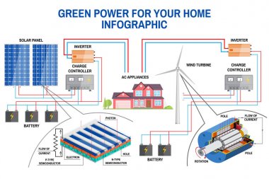 Güneş paneli ve rüzgar enerjisi üretimi sistemi ev Infographic için.