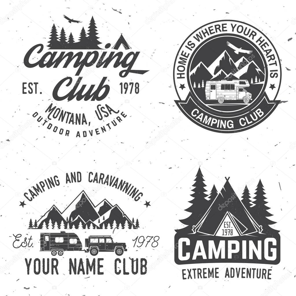Camper and caravaning club. Vector illustration. Concept for shirt or logo, print, stamp or tee. Vintage typography design with Camper tent and forest silhouette.