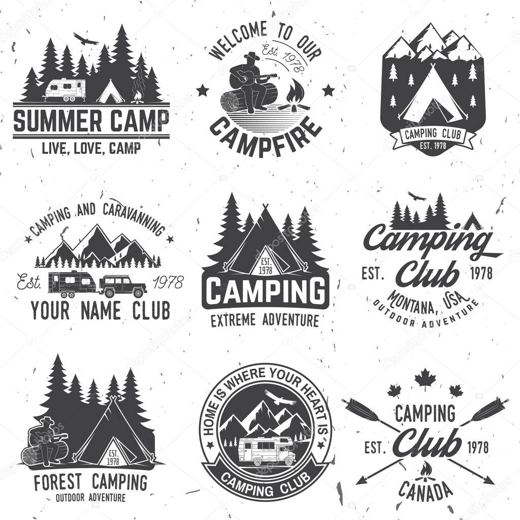 Camper and caravaning club. Vector illustration. Concept for shirt or logo, print, stamp or tee. Vintage typography design with Camper tent and forest silhouette.