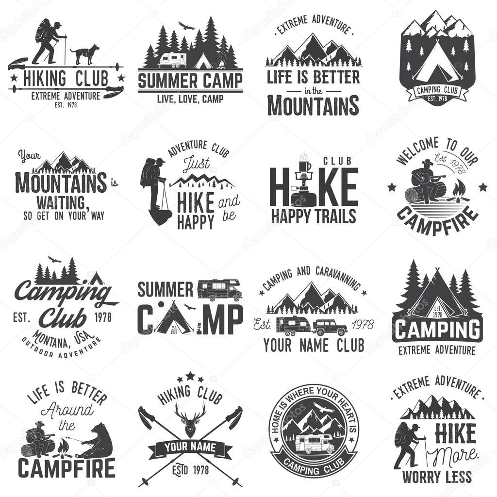 Summer camp with design elements. Vector illustration. Set of extreme adventure badges. Vintage typography design with rv trailer, camping tent, man with guitar and forest silhouette.