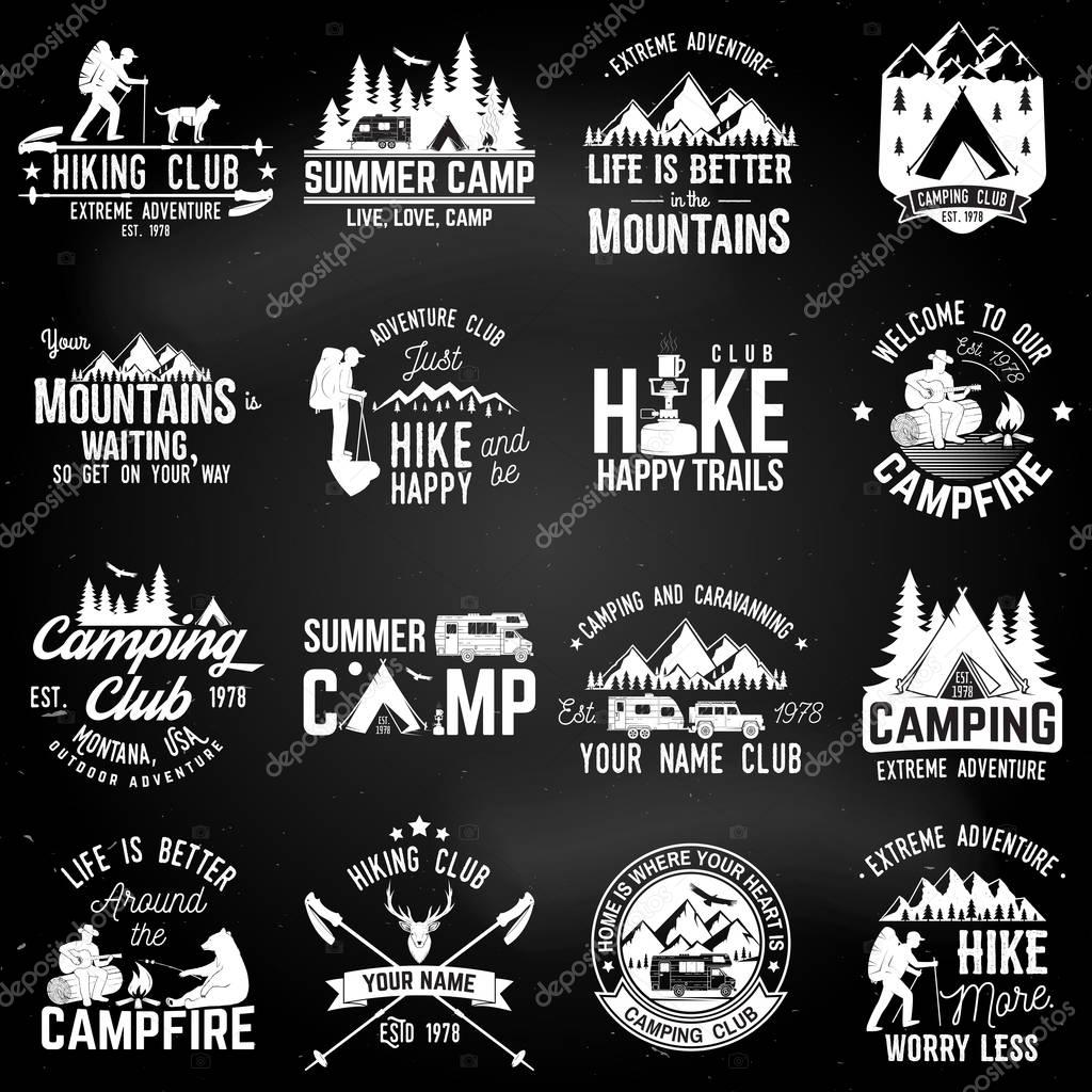 Summer camp with design elements on the chalkboard. Vector illustration. Set of extreme adventure badges. Vintage typography design with rv trailer, camping tent, man with guitar and forest silhouette